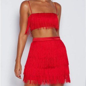 Meshki Sofia Fringe Set Mini Skirt with Bralette top Size XS/S Color Red